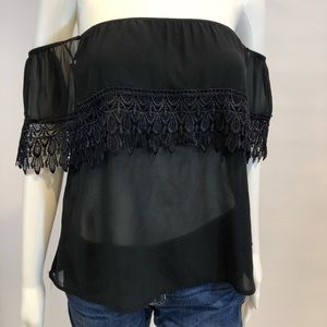 Sage Off the Shoulder Black Lace Flounce Top